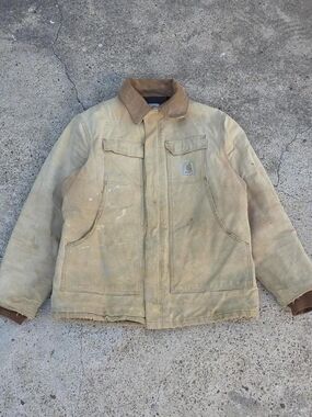 Carhartt Tan Canvas Coat Jacket Distressed Mens Size Large